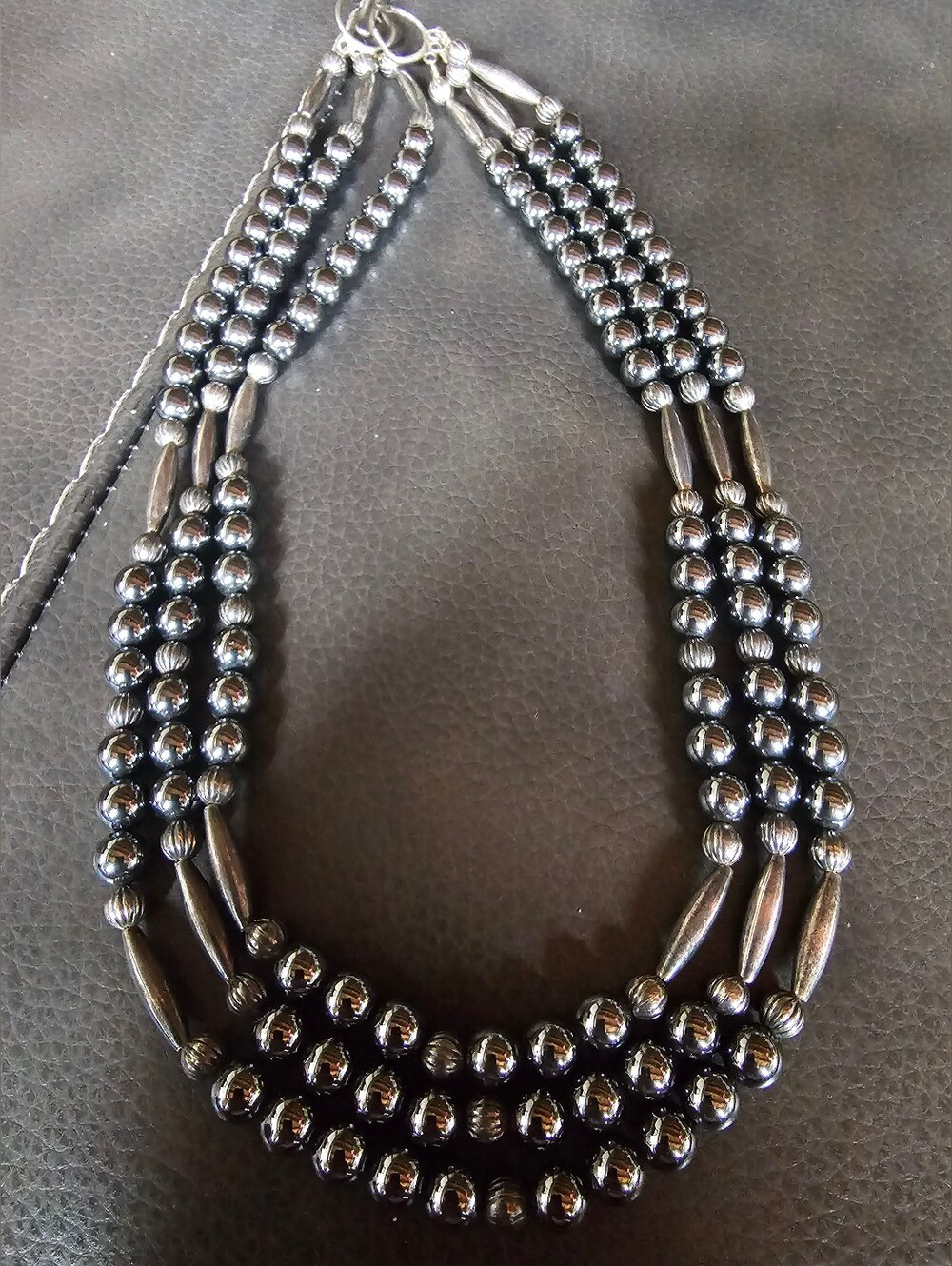 Vintage Navajo 3 Strand Sterling Silver Hematite Hand Made Necklace 210grams